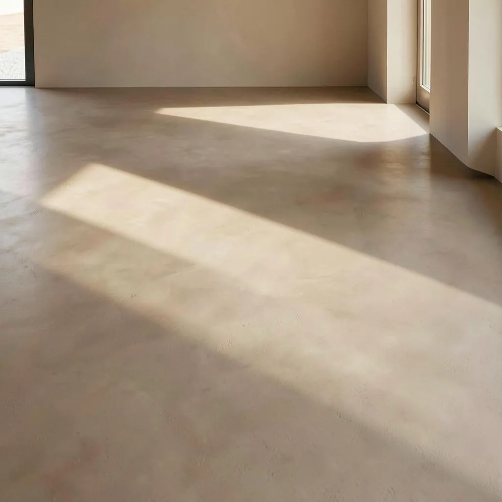 Continuous microcement floor with no grout lines in a sunlit living space