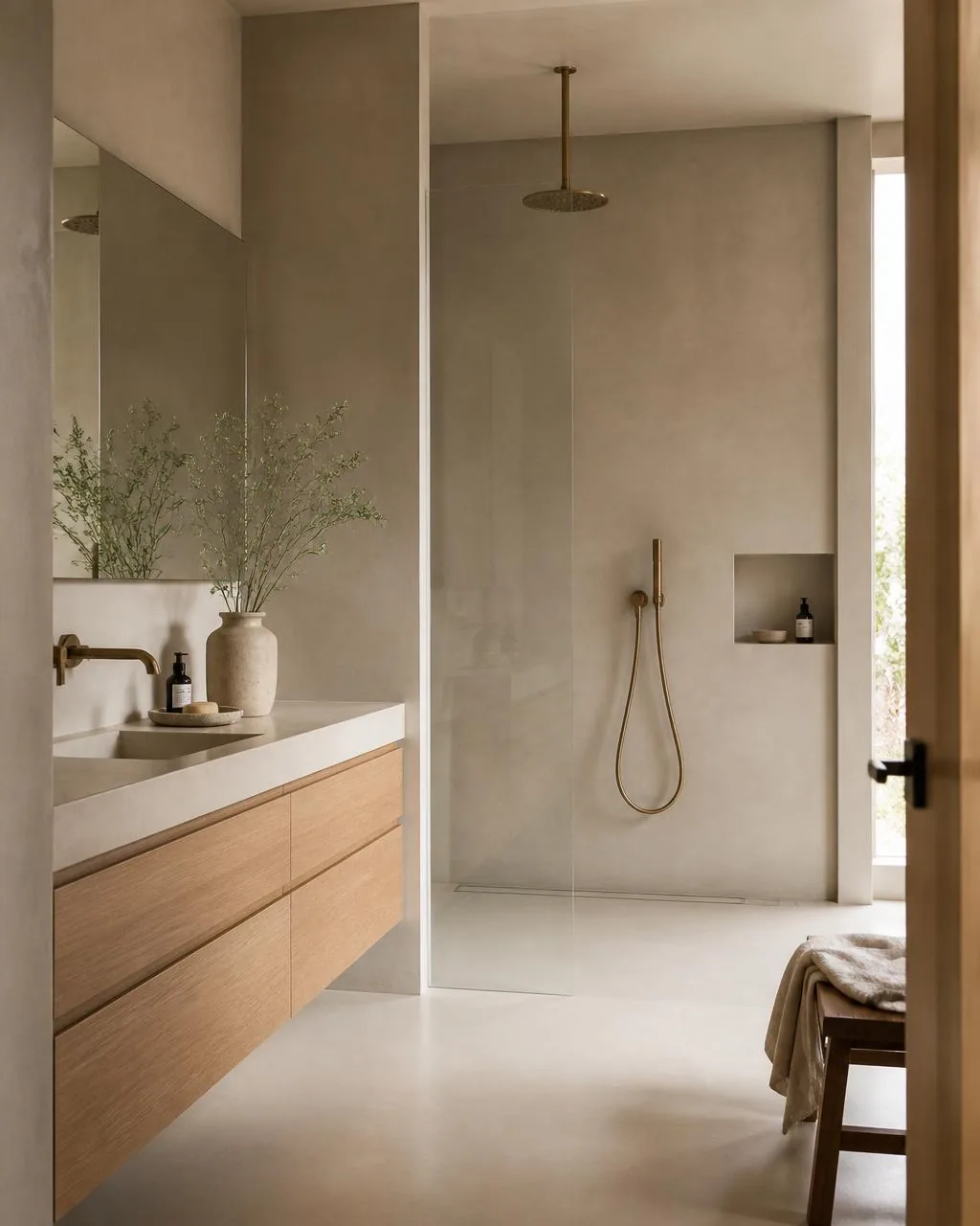 Luxury Austin, TX bathroom with seamless microcement walls, shower, and floor