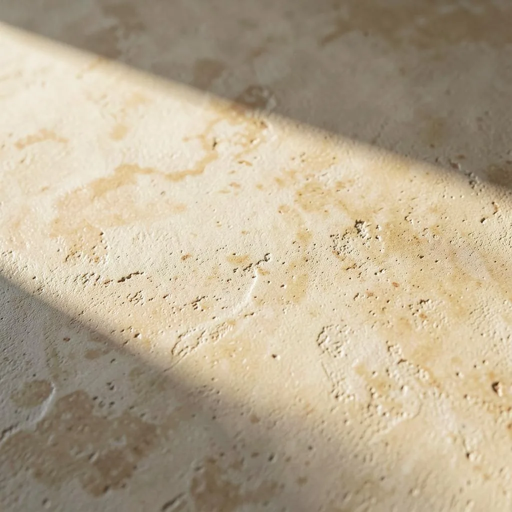 Hand-troweled microcement wall finish shown in raking daylight