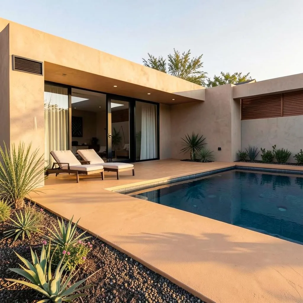 Exterior microcement patio and pool surround at a Central Texas home