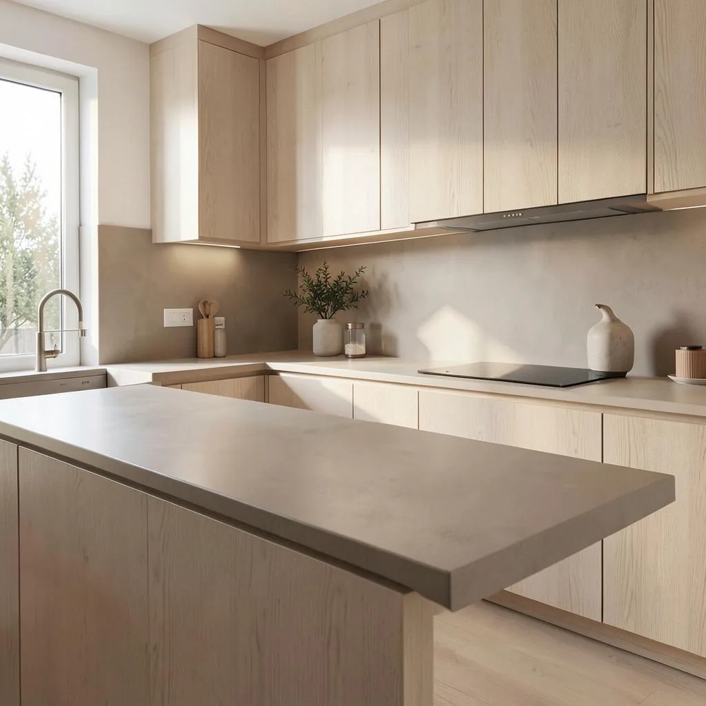 Microcement kitchen countertop and backsplash with white oak cabinetry