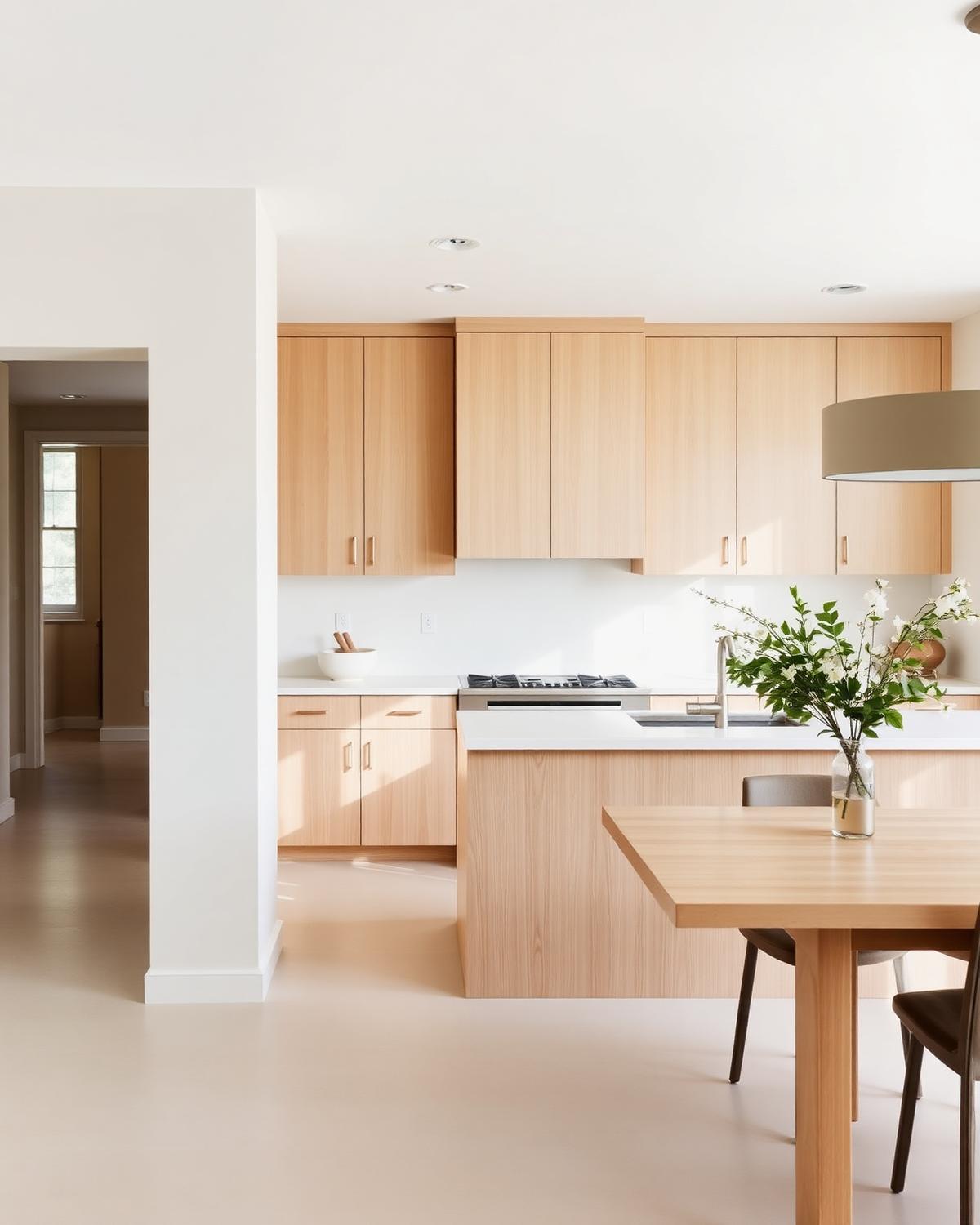 Finished white oak kitchen and dining room in a renovated Austin home