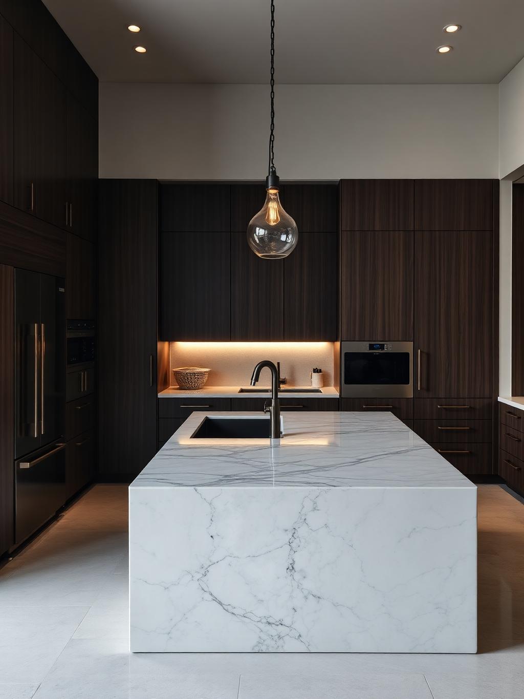 Modern kitchen remodel with dark walnut cabinetry and a marble waterfall island