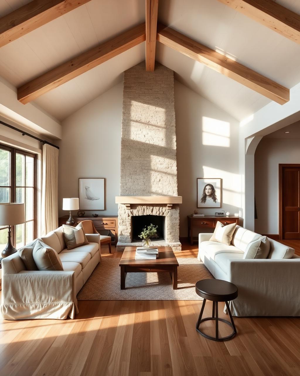 Whole-home renovation living room with vaulted oak beams and a stone fireplace