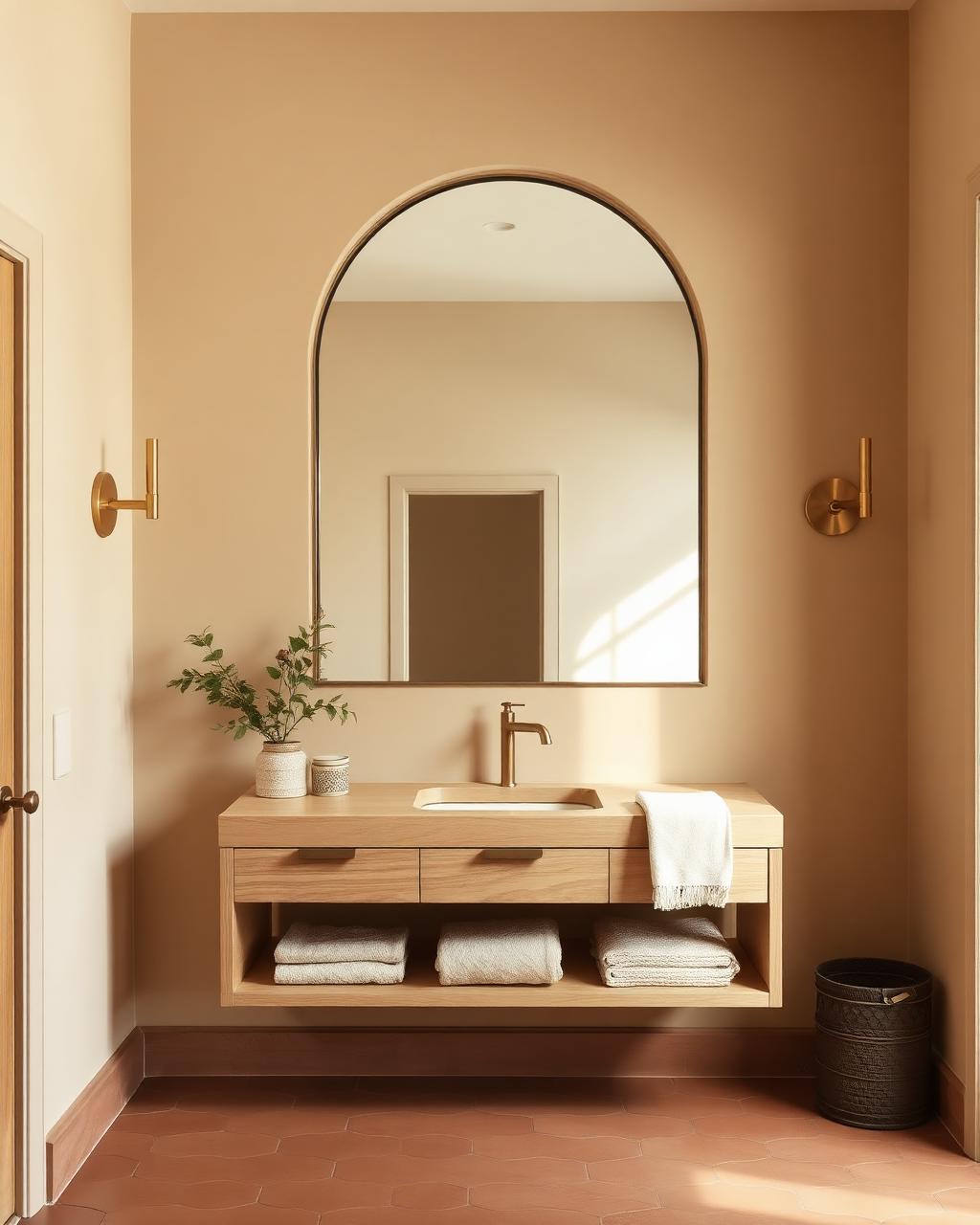 Guest bathroom renovation with an arched mirror, oak vanity and terracotta tile floor