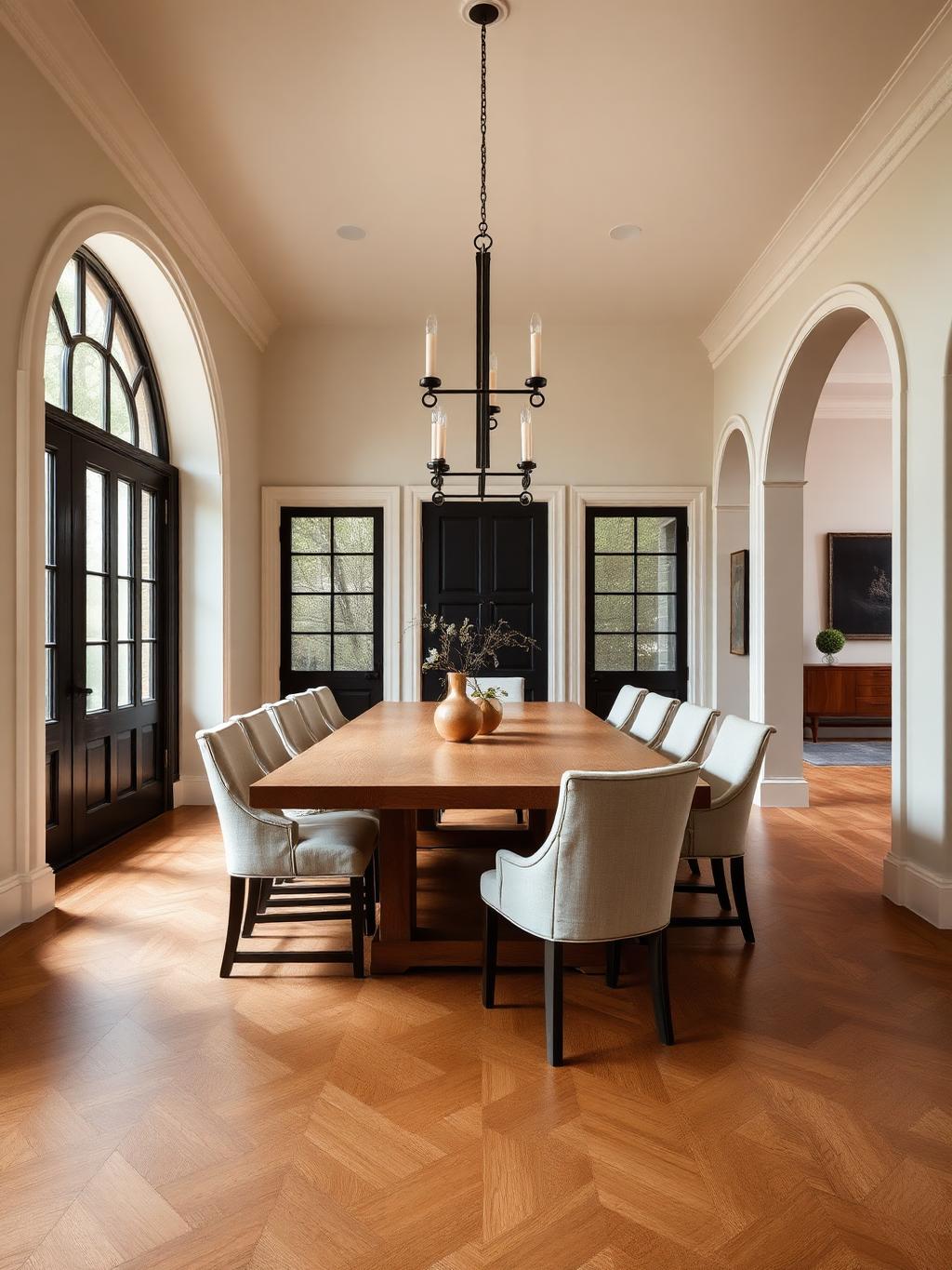 Whole-home renovation dining room with plaster archways and herringbone oak floors