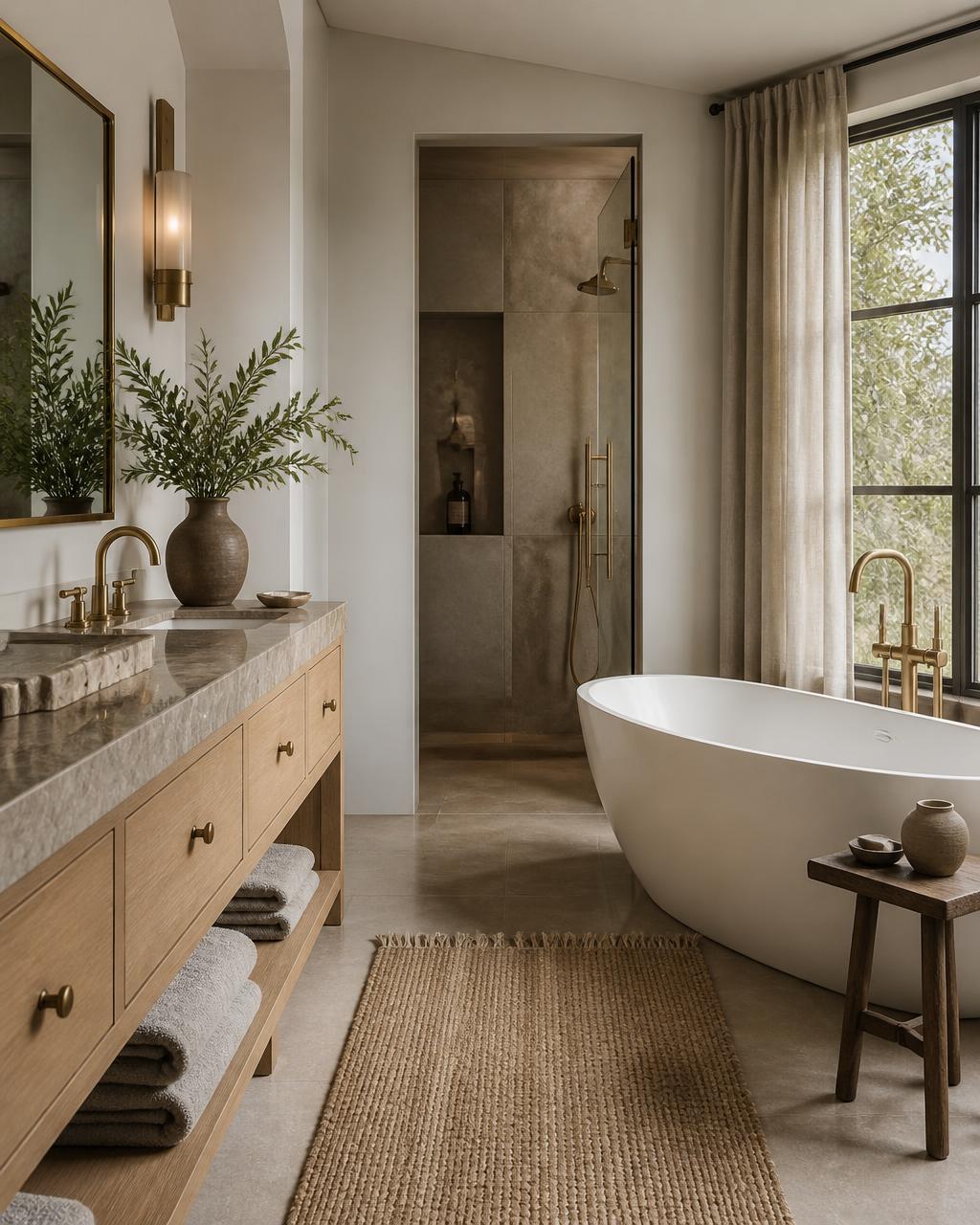 Spa-like bathroom remodel with a freestanding tub, stone surfaces and brass fittings