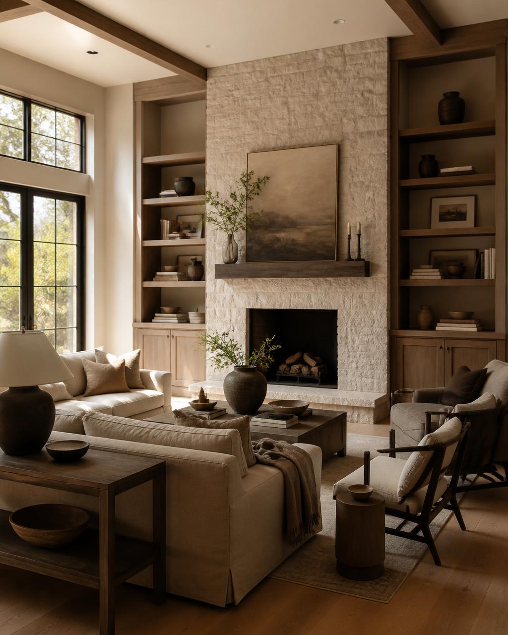 Whole-home renovation living room with built-ins, stone fireplace and warm wood floors